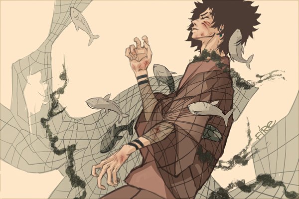 Anime picture 1000x666 with samurai champloo mugen (samurai champloo) single short hair black hair simple background eyes closed tattoo boy earrings fish (fishes) scratch net