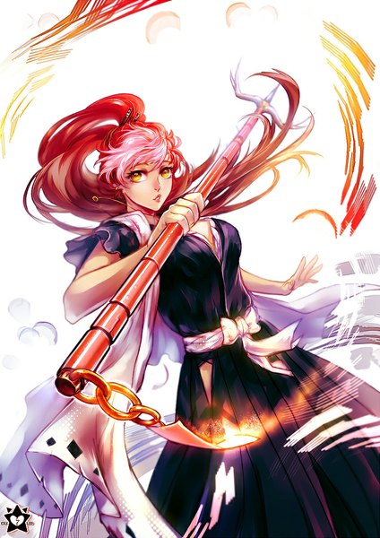 Anime picture 706x1000 with bleach original studio pierrot e-x-p-i-e single long hair tall image looking at viewer simple background white background yellow eyes pink hair ponytail red hair traditional clothes multicolored hair two-tone hair short sleeves shinigami gotei