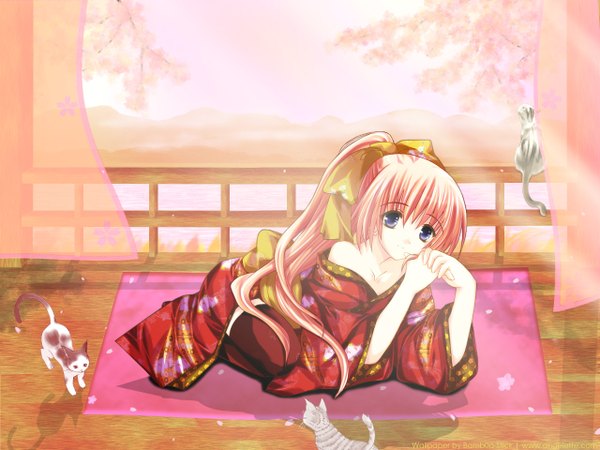 Anime picture 1280x960 with espresso single long hair looking at viewer fringe hair between eyes purple eyes bare shoulders pink hair indoors japanese clothes light smile sunlight shadow sunbeam holding hair lap pillow girl thighhighs bow