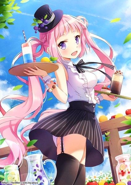 Anime picture 636x900 with original nyanya single tall image looking at viewer blush fringe open mouth light erotic purple eyes twintails holding pink hair sky braid (braids) very long hair arm up sunlight happy striped