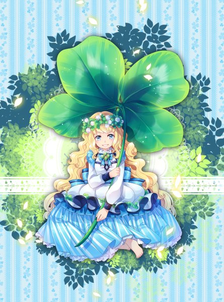 Anime picture 981x1322 with original silverbin single long hair tall image looking at viewer blue eyes blonde hair smile wavy hair girl dress wreath