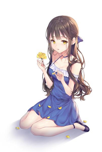 Anime picture 2700x4000 with original reel (riru) single long hair tall image looking at viewer blush fringe highres breasts simple background brown hair white background sitting holding yellow eyes parted lips shadow wariza half updo