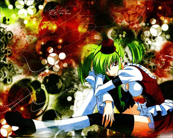 Anime picture 1280x1024 with code geass sunrise (studio) c.c. single long hair fringe sitting twintails payot long sleeves green hair wallpaper girl thighhighs black thighhighs hat mini hat mini top hat