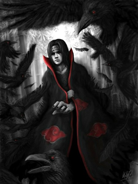 Anime picture 768x1024 with naruto studio pierrot naruto (series) uchiha itachi penator (artist) single tall image short hair black hair nail polish black eyes akatsuki sharingan boy animal bird (birds) pendant feather (feathers) ring bandana