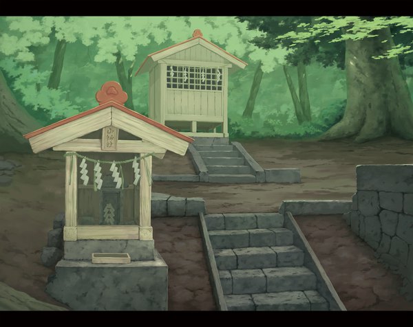 Anime picture 2540x2017 with original sasaj highres letterboxed no people plant (plants) tree (trees) forest stairs stone (stones) shrine shimenawa