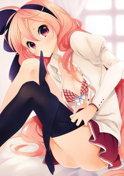 Anime picture 2425x3445 with mm! xebec isurugi mio etomai long hair tall image highres light erotic red eyes pink hair mouth hold girl thighhighs black thighhighs