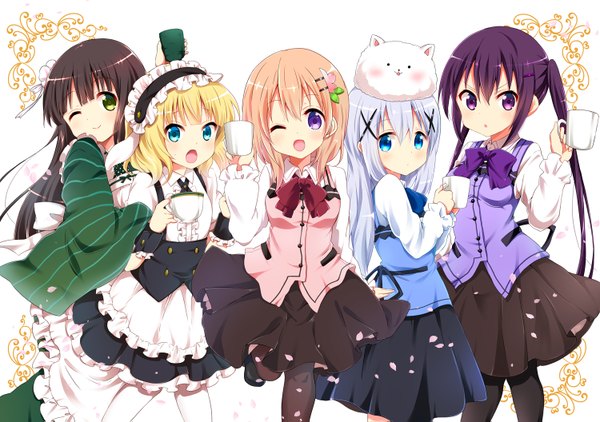 Anime picture 1500x1055 with gochuumon wa usagi desu ka? white fox kafuu chino hoto cocoa tedeza rize kirima sharo ujimatsu chiya ragho no erika long hair looking at viewer blush fringe short hair open mouth blue eyes blonde hair smile brown hair twintails purple eyes