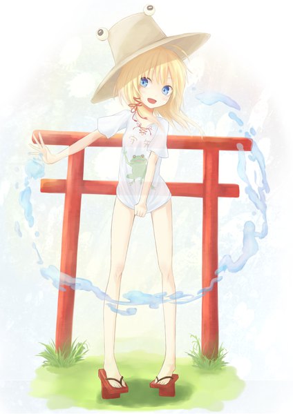 Anime picture 1447x2047 with touhou moriya suwako pyonta yushika single long hair tall image looking at viewer open mouth blue eyes light erotic blonde hair standing full body :d bottomless transparent long legs shirt pull girl