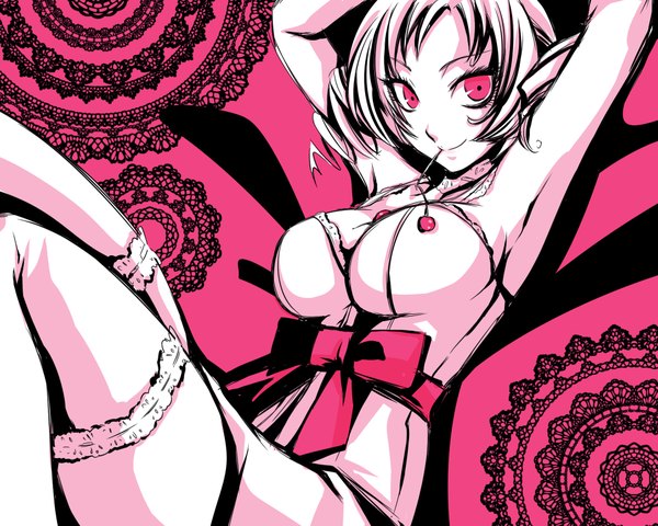 Anime picture 1920x1536 with catherine (game) catherine single highres light erotic blonde hair smile cleavage arms up armpit (armpits) drill hair monochrome curly hair girl thighhighs bow white thighhighs food berry (berries) cherry