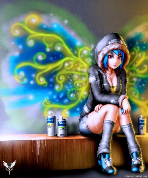 Anime picture 1000x1200 with original ipod rina atherina erkaz single tall image short hair sitting blue hair pink eyes insect wings butterfly wings girl shorts fur hood bottle