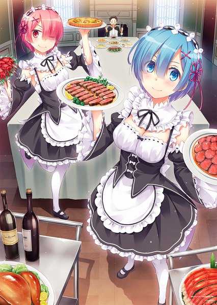 Anime picture 1240x1748 with re:zero kara hajimeru isekai seikatsu white fox rem (re:zero) ram (re:zero) natsuki subaru nakajima yuka tall image looking at viewer blush fringe short hair breasts open mouth blue eyes black hair hair between eyes large breasts standing sitting multiple girls