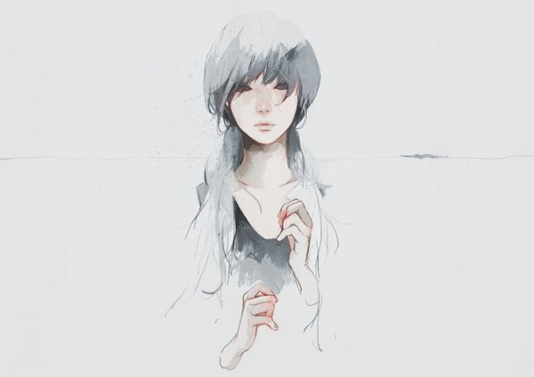 Anime picture 1500x1061 with original tae (artist) single long hair looking at viewer simple background twintails grey hair black eyes grey background girl hands