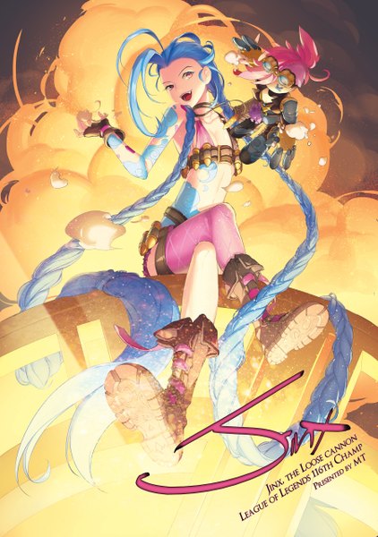 Anime picture 1800x2560 with league of legends jinx (league of legends) vi (league of legends) mt (ringofive) single tall image highres open mouth smile red eyes sitting blue hair very long hair tattoo girl thighhighs gloves boots toy single thighhigh