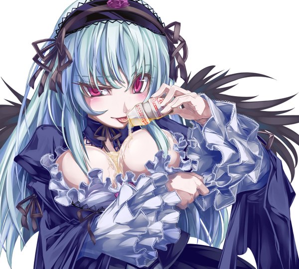 Anime picture 1370x1235 with rozen maiden suigintou sasa ichi single looking at viewer fringe breasts light erotic red eyes white background silver hair green hair wide sleeves lolita fashion breast hold goth-loli sexually suggestive pouring girl wings