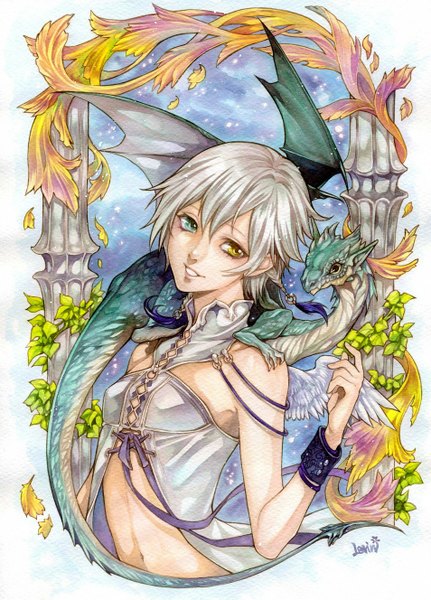 Anime picture 954x1327 with original levin (artist) single tall image fringe short hair smile signed yellow eyes looking away white hair aqua eyes heterochromia traditional media watercolor (medium) girl ribbon (ribbons) plant (plants) bracelet leaf (leaves)