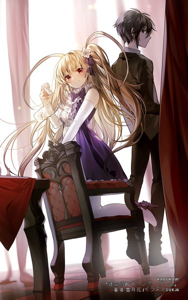 Anime picture 700x1116 with adabana no yakata killing game sorolp long hair tall image looking at viewer blush short hair black hair blonde hair smile red eyes standing twintails holding signed full body ahoge bent knee (knees) long sleeves profile