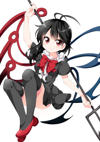 Anime picture 701x1000 with touhou houjuu nue ruu (tksymkw) single long hair tall image blush light erotic black hair simple background smile red eyes white background looking away ahoge convenient censoring asymmetrical wings girl thighhighs dress