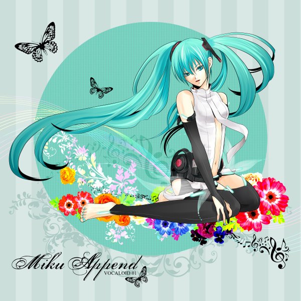Anime picture 2480x2480 with vocaloid vocaloid append hatsune miku hatsune miku (append) highres green eyes barefoot green hair aqua hair music girl insect butterfly