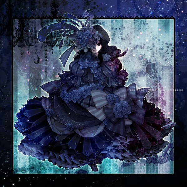 Anime picture 1000x1000 with pixiv automata smily pd-x single long hair looking at viewer open mouth black hair black eyes girl dress flower (flowers) hat rose (roses)