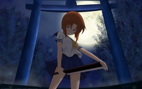 Anime picture 1920x1200 with higurashi no naku koro ni studio deen ryuuguu rena single looking at viewer highres short hair open mouth blue eyes wide image standing holding payot outdoors parted lips orange hair night from below short sleeves night sky