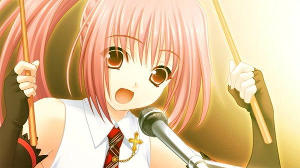 Anime picture 1280x720 with morobito kozorite (game) long hair open mouth red eyes wide image pink hair game cg girl microphone
