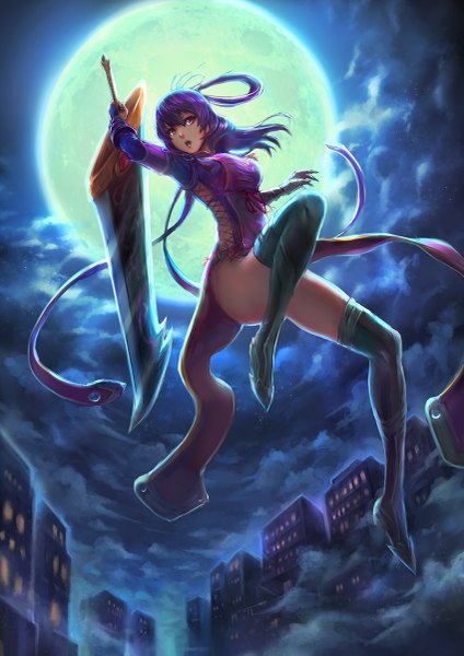 Anime picture 849x1200 with eiyuu densetsu rixia mao haoni single long hair tall image blush open mouth looking away sky purple hair cloud (clouds) night night sky girl gloves hair ornament weapon sword boots