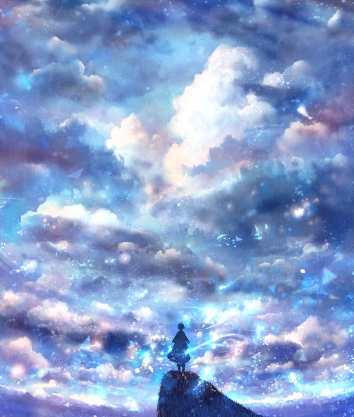 Anime picture 1020x1200 with original bounin single tall image short hair standing sky cloud (clouds) wind from behind glowing horizon mountain girl skirt