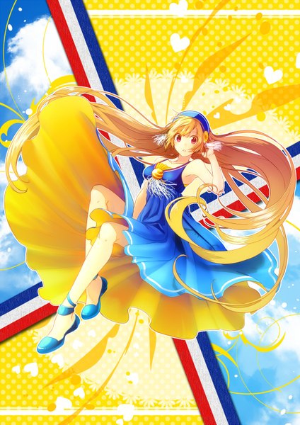 Anime picture 1060x1500 with original orangina sekka koyori single long hair tall image looking at viewer blonde hair red eyes bare shoulders france girl dress shoes heart hairband