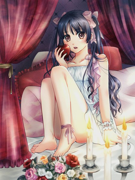 Anime picture 1200x1600 with original kurosedaria single long hair tall image looking at viewer open mouth black hair brown eyes girl dress flower (flowers) bow hair bow fruit apple candle (candles)