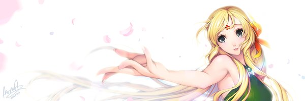 Anime picture 1500x500 with original momoa single long hair looking at viewer blue eyes blonde hair wide image white background bare shoulders girl dress ribbon (ribbons) hair ribbon petals