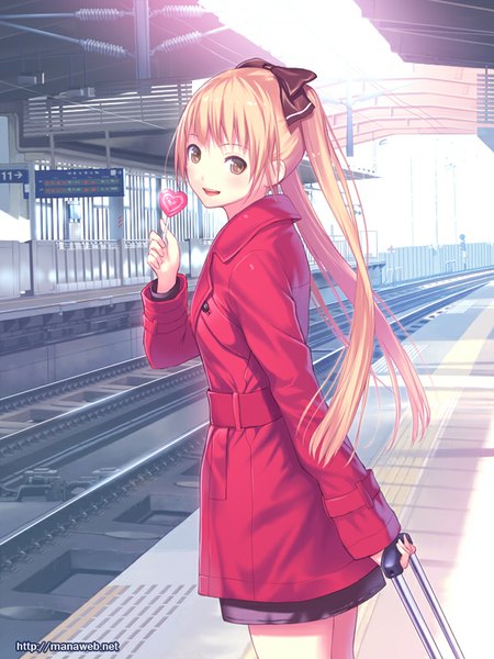 Anime picture 600x800 with ilog himehara tsubasa mana kakkowarai single long hair tall image looking at viewer blush open mouth blonde hair twintails brown eyes girl bow hair bow food sweets coat candy lollipop