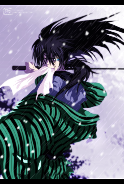 Anime picture 984x1456 with nurarihyon no mago nura rihan schwarrtz single long hair tall image blue eyes black hair holding traditional clothes japanese clothes one eye closed wind wink coloring mouth hold snowing letterboxed winter snow