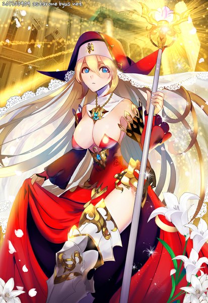 Anime picture 600x870 with original astarone single long hair tall image breasts blue eyes light erotic blonde hair large breasts looking away cleavage girl dress flower (flowers) detached sleeves armor detached collar staff red dress