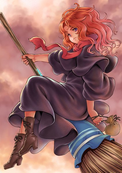 Anime picture 1116x1579 with mary to majo no hana akage no majo kosai takayuki single long hair tall image looking at viewer purple eyes cloud (clouds) orange hair turning head wavy hair flying witch broom riding lace-up boots girl boots scarf mantle