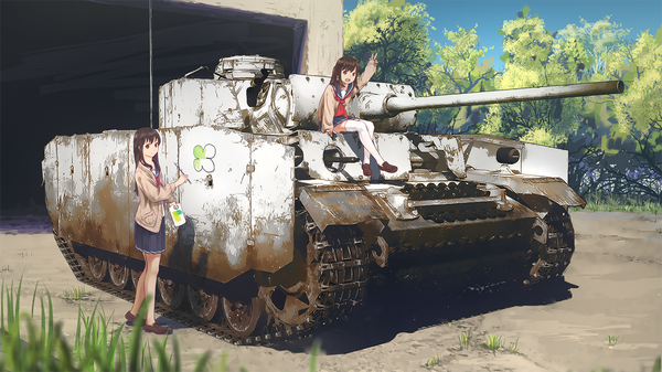 Anime picture 1600x900 with original ea18g long hair open mouth black hair wide image multiple girls brown eyes girl thighhighs uniform weapon 2 girls plant (plants) white thighhighs tree (trees) serafuku armor gun ground vehicle