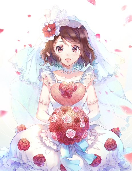 Anime picture 893x1157 with osomatsu-san osoko (osomatsu-san) ekita xuan single tall image looking at viewer blush short hair open mouth simple background red eyes brown hair white background :d wind sparkle happy alternate hairstyle girl dress