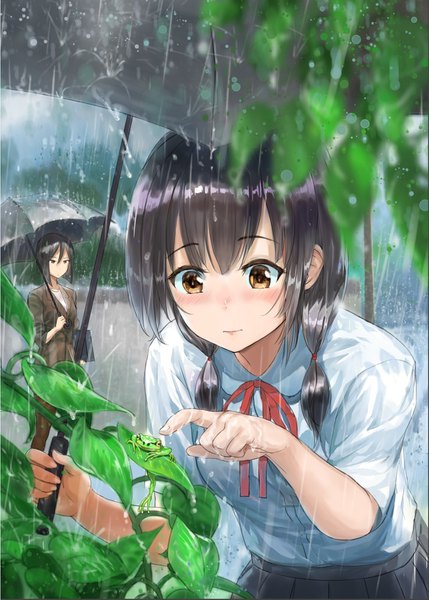 Anime picture 1165x1629 with original crystal shoujo long hair tall image blush fringe short hair black hair hair between eyes twintails multiple girls brown eyes outdoors leaning leaning forward low twintails looking down rain girl uniform