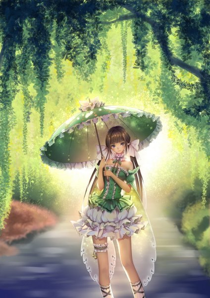 Anime picture 849x1200 with original catcan single long hair tall image looking at viewer blush brown hair twintails brown eyes girl dress bow plant (plants) hair bow tree (trees) frills umbrella