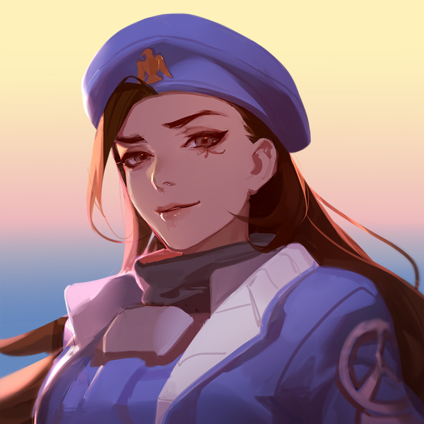 Anime picture 800x800 with overwatch blizzard entertainment ana (overwatch) captain amari ask (askzy) single long hair looking at viewer simple background smile brown hair brown eyes upper body lips tattoo lipstick gradient background portrait pink lipstick alternate age