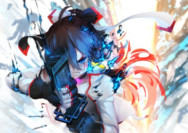 Anime picture 1200x851 with original qian ye (qys3) qys3 long hair fringe blue eyes black hair ahoge red hair multicolored hair arm up two-tone hair angry clenched teeth unsheathing aura girl gloves weapon sword