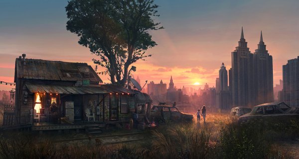 Anime picture 1280x681 with original jonas de ro (jenovah-art) highres wide image cloud (clouds) city evening sunset cityscape boy plant (plants) tree (trees) cat ground vehicle dog car house people skyscraper