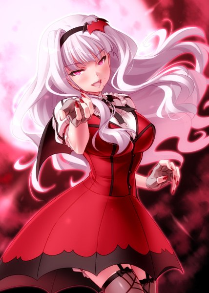 Anime picture 900x1262 with idolmaster shijou takane zen (kamuro) single long hair tall image blush open mouth white hair pink eyes teeth fang (fangs) red moon my dear vampire girl thighhighs dress gloves hair ornament wings
