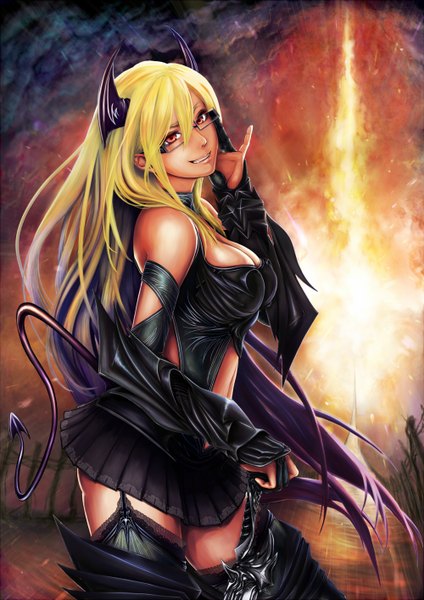 Anime picture 1000x1414 with original nakacha single long hair tall image looking at viewer breasts open mouth light erotic blonde hair smile large breasts brown eyes cleavage purple hair looking back multicolored hair two-tone hair turning head demon girl