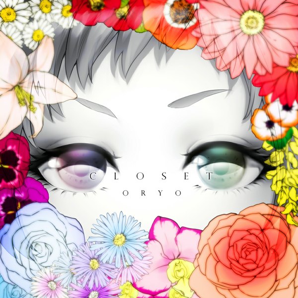 Anime picture 1000x1000 with vocaloid gumi ohagi (ymnky) single looking at viewer purple eyes green eyes grey hair inscription heterochromia close-up face pale skin eyes girl flower (flowers) rose (roses) blue rose chamomile
