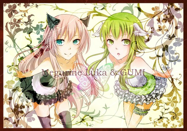 Anime picture 1500x1050 with vocaloid megurine luka gumi nou long hair smile multiple girls green eyes animal ears pink hair green hair inscription character names border girl thighhighs dress 2 girls