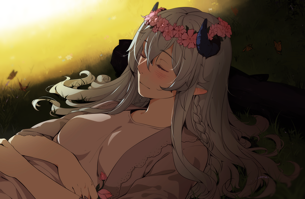 Anime picture 1600x1048 with original eventh7 single long hair blush holding silver hair braid (braids) eyes closed horn (horns) pointy ears sunlight on back sleeping sunbeam girl flower (flowers) plant (plants) insect butterfly