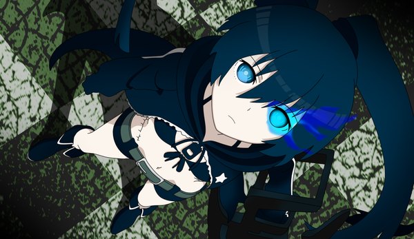 Anime picture 2280x1320 with black rock shooter black rock shooter (character) long hair highres blue eyes black hair wide image twintails scar checkered floor girl gloves shorts thigh boots bikini top