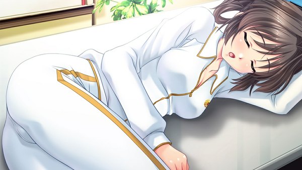 Anime picture 1024x576 with manbiki, dame. zettai! (game) single open mouth brown hair wide image game cg indoors eyes closed sleeping girl uniform gym uniform