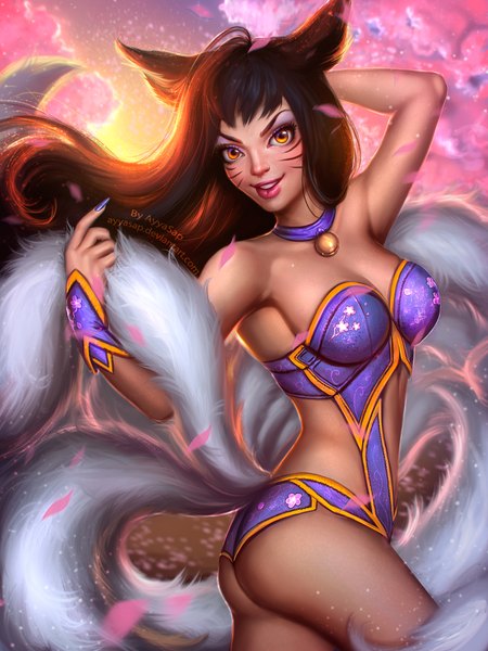 Anime picture 1536x2048 with league of legends ahri (league of legends) ayyasap single long hair tall image looking at viewer fringe breasts light erotic black hair smile bare shoulders animal ears yellow eyes ass tail nail polish fingernails lips