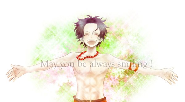 Anime picture 2700x1500 with one piece toei animation portgas d. ace fumita (artist) single highres short hair open mouth black hair wide image eyes closed spread arms topless boy necklace